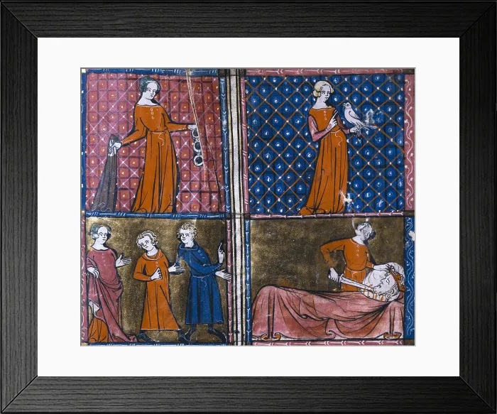 Framed Print : Doctrine chretienne (Christian Doctrine) (13th c.). Folio 87: Scenes of Judith's life. Gothic art. Miniature Painting. SPAIN. Valencia. Valencia University Library. - J