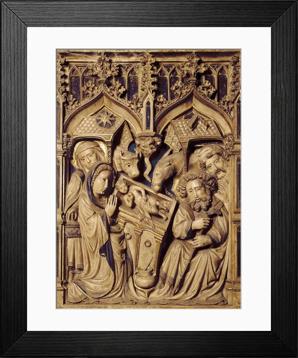 Framed Print : OLLER, Pere (15th century). Altarpiece of Saint Mary and Saint Peter. 1420. SPAIN. Vic. Cathedral. Old High Altar of the cathedral. Alabaster. Detail with scene of the Birth Framed Print : OLLER, Pere (15th century). Altarpiece of Saint Mary and Saint Peter. 1420. SPAIN. Vic. Cathedral. Old High Altar of the cathedral. Alabaster. Detail with scene of the Birth