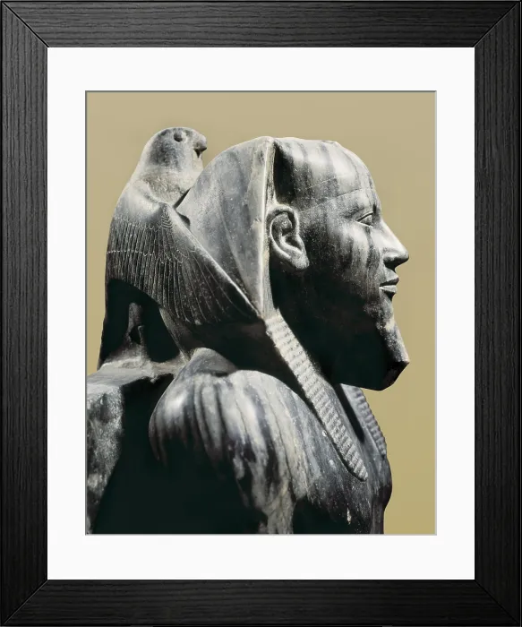 Framed Print : Statue of Khafre enthroned. 2520 BC. Egyptian art. Old Kingdom. EGYPT. Cairo. Egyptian Museum. Proc: EGYPT. Giza. Temple of Khafre's Pyramid