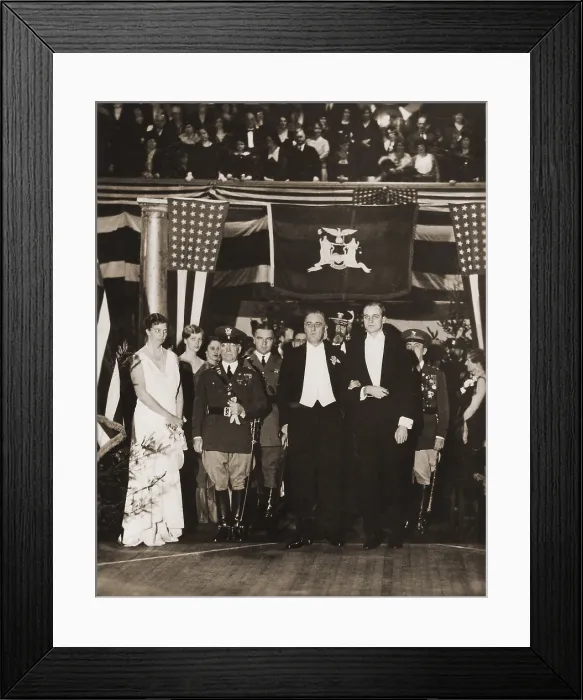 Framed Print : Franklin Roosevelt Inaugurated as Governor of New York 1929-1932. In formal dress FDR stands with support from his son James. On left are Eleanor and Anna Roosevelt