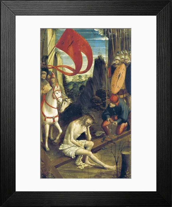 Framed Print : FERRARI, Defendente (1480-1540). Christ in meditation on the cross between soldiers. ca 1520. Renaissance art. Cinquecento. Oil on wood. ITALY. Bergamo