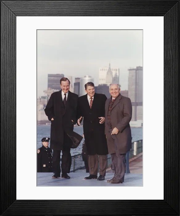 Framed Print : President Reagan and Vice-President and President Elect George Bush with General Secretary Gorbachev on Governor's Island New York. Dec. 7 1988. (BSLOC_2011_2_16) Framed Print : President Reagan and Vice-President and President Elect George Bush with General Secretary Gorbachev on Governor's Island New York. Dec. 7 1988. (BSLOC_2011_2_16)