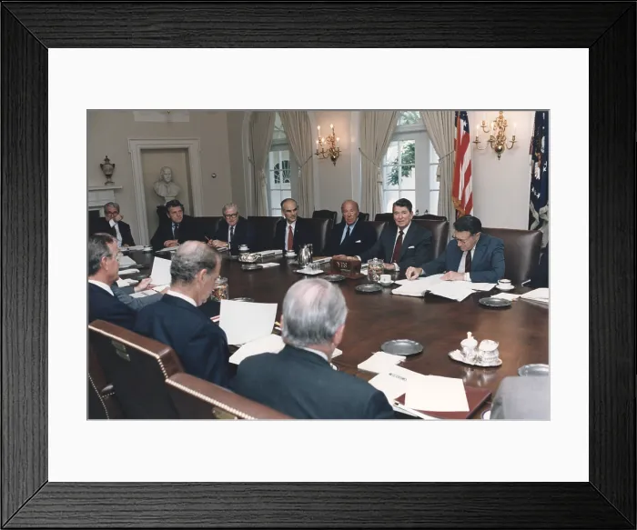 Framed Print : President Reagan leading a Cabinet meeting reviewing the Administration's proposed legislation for the Anti-Drug crusade. President Reagan is flanked by Sec