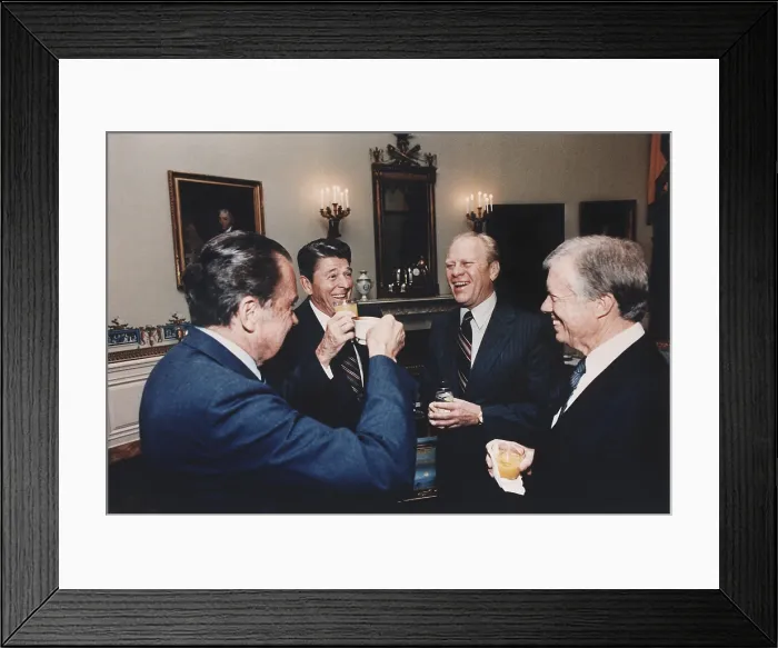 Framed Print : Four Presidents Nixon Reagan Ford Carter toasting in the Blue Room prior to leaving for Egypt and Sadat's funeral. Oct. 8 1981. (BSLOC_2011_2_19)