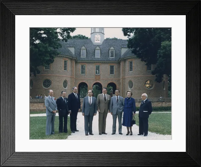 Framed Print : Class photo from the G-7 Economic Summit in Williamsburg Virginia left to right Pierre Trudeau Gaston Thorn Helmut Kohl Francois Mitterrand President Reagan Yasuhiro Nakasone