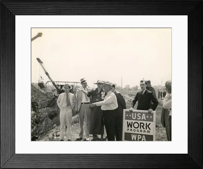 Framed Print : Eleanor Roosevelt at a WPA site in Des Moines Iowa. She visits a WPA Works Progress Administration project to convert a city dump into a water front park. June 8 1936