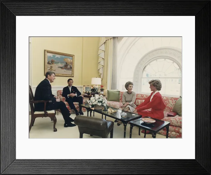 Framed Print : President and Nancy Reagan having tea with Prince Charles and Princess Diana in the White House Residence. Nov. 9 1985. (BSLOC_2011_2_22)