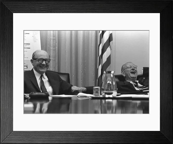 Framed Print : Secretary of State Dean Rusk and President Lyndon Johnson share laughter in the White House Cabinet Room. April 24 1966