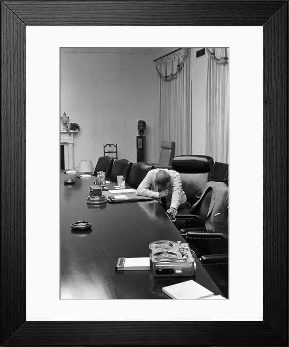 Framed Print : President Johnson appears agonized as he listens to tape sent by his son-in-law Captain Charles Robb from Vietnam. Cabinet Room White House July 31 1968
