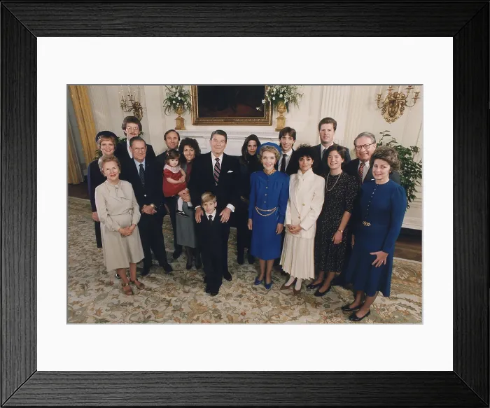 Framed Print : 1985 Inaugural Family Photo from left to right Bess Davis Maureen Reagan Dennis Revell Neil Reagan Michael Reagan Ashley Marie Reagan Colleen Reagan President Reagan Cameron