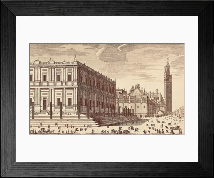 Framed Print : Lonja de Comercio ('Trading building') and a partial view of Seville's Cathedral. Engraving. SPAIN. Madrid. National Library