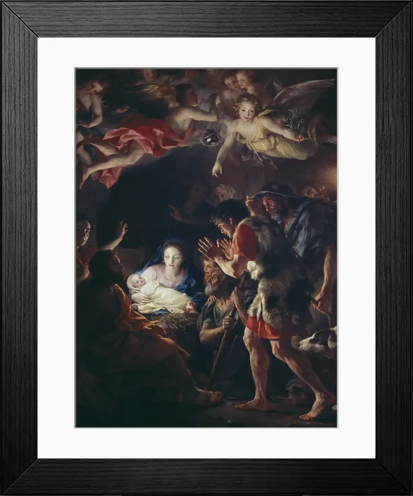 Framed Print : MENGS, Anton Raphael (1728-1779). The Adoration of the Shepherds. 1770. On the left side, behind Saint Joseph there is the self-portrait of the artist. Neoclassicism