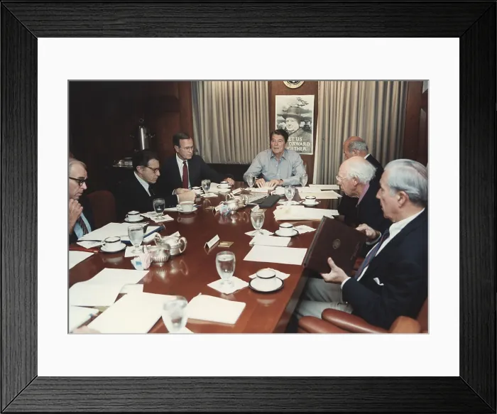 Framed Print : President Reagan holding a National Security Council meeting on the hijacking of TWA Flight 847 by Lebanese Shia extremists in the White House Situation Room