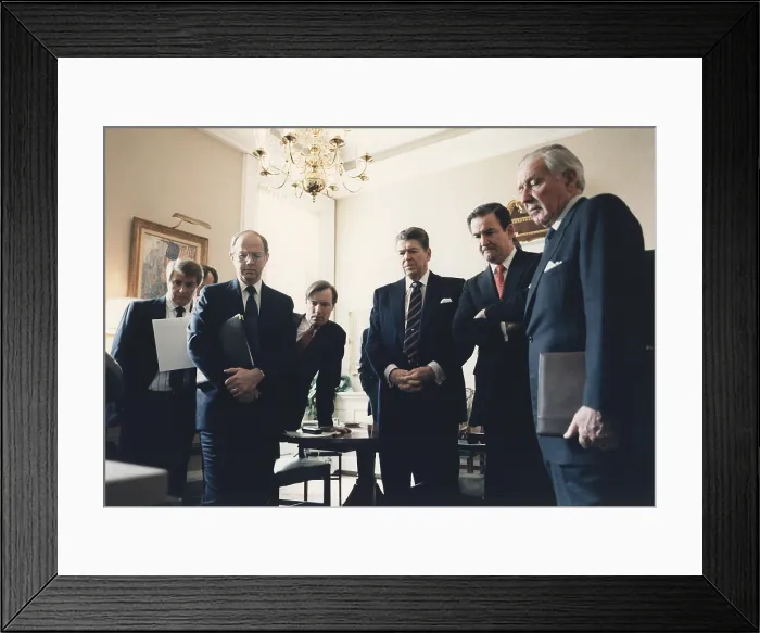 Framed Print : President Reagan and his staff watching a televised replay of the Space Shuttle CHALLENGER explosion