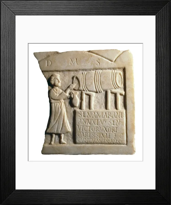 Framed Print : Funerary Stele of the Landlady Sentia Amaranis. 1st c. Roman art. Early Empire. Relief on marble. SPAIN. Merida. National Museum of Roman Art. Proc: SPAIN. Merida
