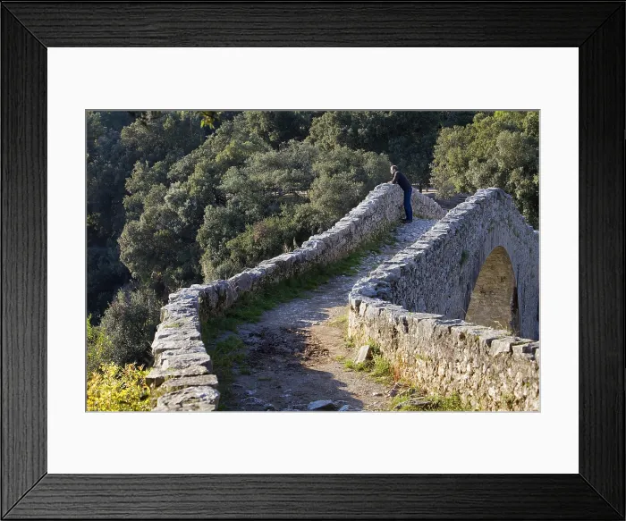 Framed Print : SPAIN. GERONA. Garrotxa. Bridge over Llierca River - 14th Century -, between Sadernes and Montagut villages. Romanesque art Framed Print : SPAIN. GERONA. Garrotxa. Bridge over Llierca River - 14th Century -, between Sadernes and Montagut villages. Romanesque art