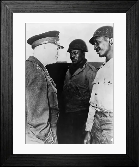 Framed Print : General Dwight Eisenhower talking with two African American soldiers at the supply port of Cherbourg, France. Eisenhower commanded a segregated US military during World War II Framed Print : General Dwight Eisenhower talking with two African American soldiers at the supply port of Cherbourg, France. Eisenhower commanded a segregated US military during World War II