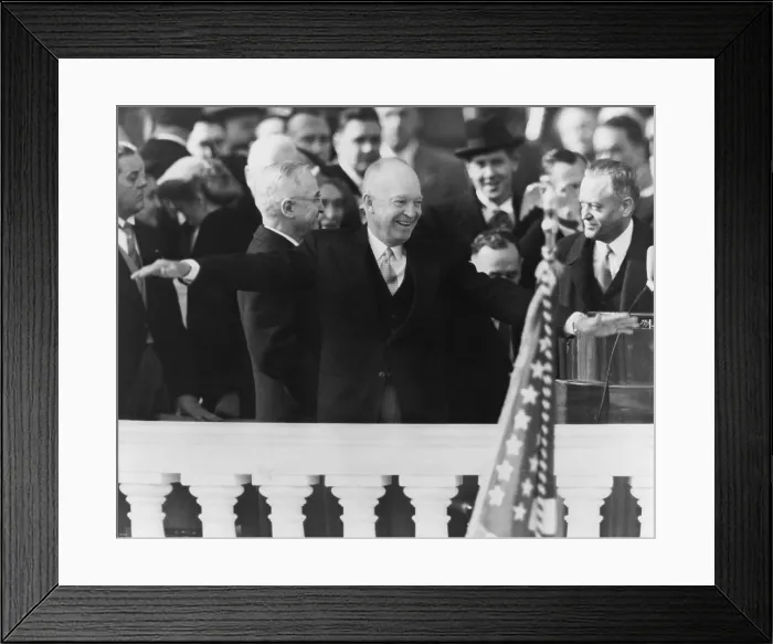 Framed Print : Eisenhower's First Inauguration. President Dwight Eisenhower accepts the cheers of the crowd after his inauguration, with Harry Truman and Senator Styles Bridges looking Framed Print : Eisenhower's First Inauguration. President Dwight Eisenhower accepts the cheers of the crowd after his inauguration, with Harry Truman and Senator Styles Bridges looking