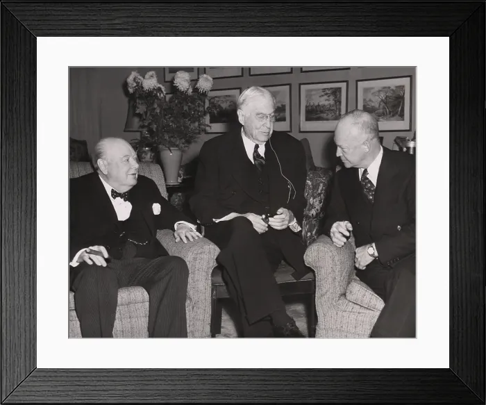Framed Print : Prime Minister Winston Churchill, financier Bernard Baruch, and President-elect Dwight Eisenhower meet informally at Baruch's residence in New York. Jan, 7, 1953