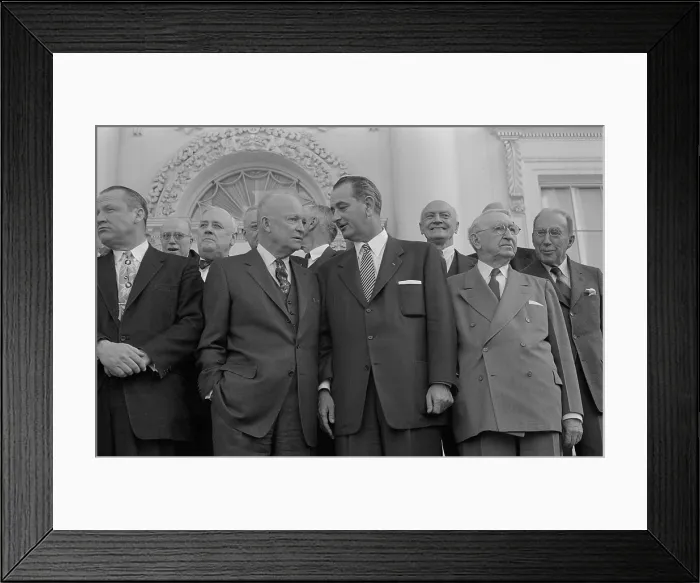Framed Print : President Dwight D. Eisenhower standing with Senate Majority Leader Lyndon Johnson during a bipartisan luncheon at the White House. March 31, 1955 Framed Print : President Dwight D. Eisenhower standing with Senate Majority Leader Lyndon Johnson during a bipartisan luncheon at the White House. March 31, 1955