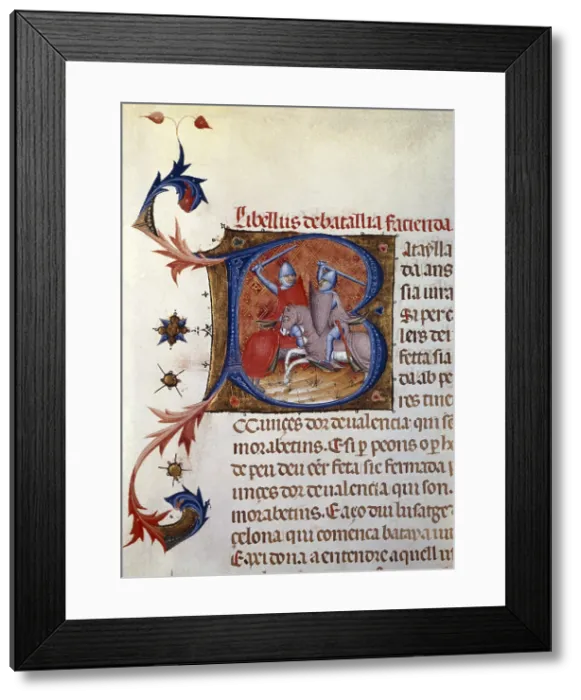 Framed Print : SPAIN. Barcelona. Archdeacon's House. Capital B: drawing of two knights fighting. 'Llibre Verd de Barcelona' ('Green Book of Barcelona'). Volume I Framed Print : SPAIN. Barcelona. Archdeacon's House. Capital B: drawing of two knights fighting. 'Llibre Verd de Barcelona' ('Green Book of Barcelona'). Volume I