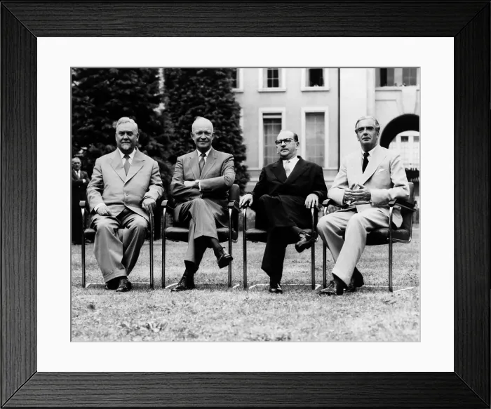 Framed Print : The Big Four attend at the Geneva summit. L-R: Soviet Premier Nikolai Bulganin, President Dwight Eisenhower, and French Premier Faure, Sir Anthony Eden. July 20, 1955 Framed Print : The Big Four attend at the Geneva summit. L-R: Soviet Premier Nikolai Bulganin, President Dwight Eisenhower, and French Premier Faure, Sir Anthony Eden. July 20, 1955