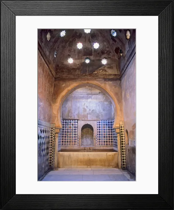 Framed Print : SPAIN. Granada. Alhambra. Alhambra, Nazari Palace. Comares palaces. Royal baths from Yusuf I's era. Steam room or Caldarium. Hispano-Moresque art. Nasrid dynasty