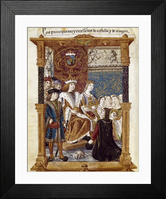 Framed Print : Joanna the Mad's praying book made by Pedro Marcuello, showing his work to king Philip the Handsome and queen Joanna the Mad, . Gothic art. Miniature Painting. FRANCE Framed Print : Joanna the Mad's praying book made by Pedro Marcuello, showing his work to king Philip the Handsome and queen Joanna the Mad, . Gothic art. Miniature Painting. FRANCE