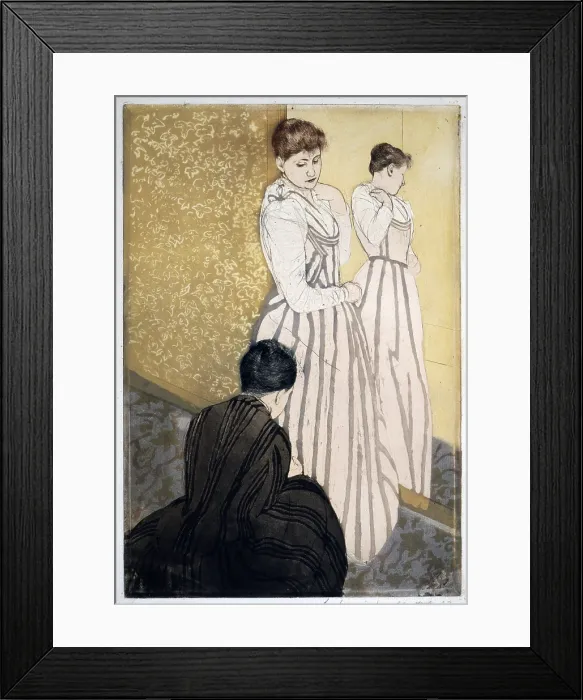 Framed Print : Mary Cassatt etching, THE FITTING, 1891. Cassatt influenced American collectors to acquire works of French Impressionists