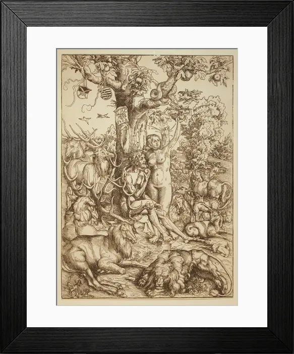 Framed Print : Adam and Eve beneath an apple tree surrounded by animals. Renaissance woodcut by German painter, Luca Cranach, 1509