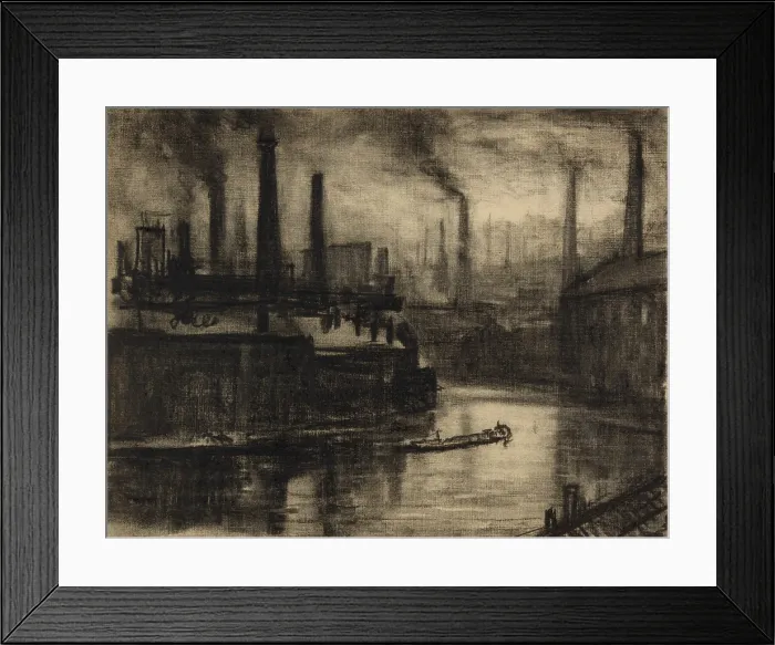 Framed Print : East London, England, in a view across a river running through factory district with smokestacks belching black smoke. By Joseph Pennell, 1908