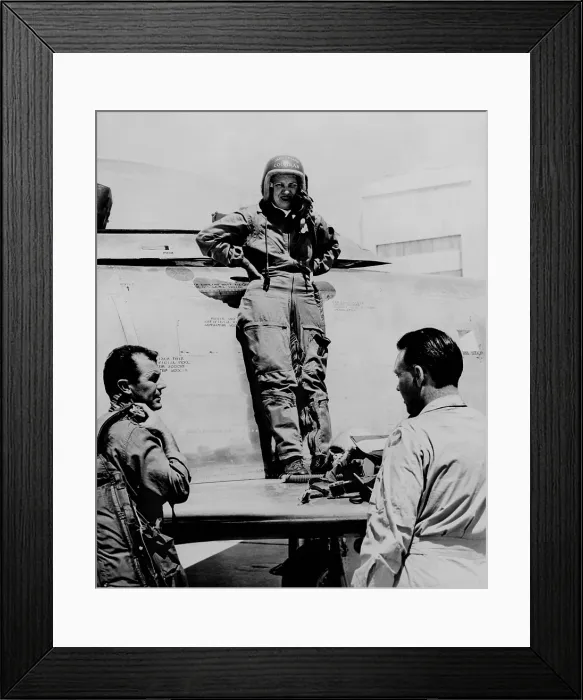 Framed Print : Jacqueline Cochran 1906-1980 standing next to her plane with Chuck Yeager and Bill Longhurst at Edwards Air Force Base California Framed Print : Jacqueline Cochran 1906-1980 standing next to her plane with Chuck Yeager and Bill Longhurst at Edwards Air Force Base California