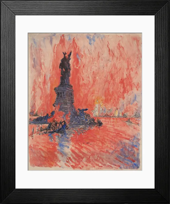 Framed Print : New York City, bombed, shot down, burning, blown up by the enemy, is how artist Joseph Pennell described his 1918 painting for a World War I Liberty Bond drive