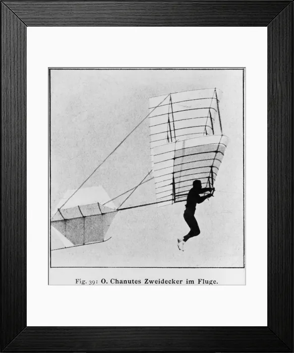 Framed Print : Octave Chanute 1832-1910 French-American railway engineer and aviation pioneer flying biplane glider a design later adapted by the Wright brothers. Ca. 1896. LC-USZ62-104585 Framed Print : Octave Chanute 1832-1910 French-American railway engineer and aviation pioneer flying biplane glider a design later adapted by the Wright brothers. Ca. 1896. LC-USZ62-104585