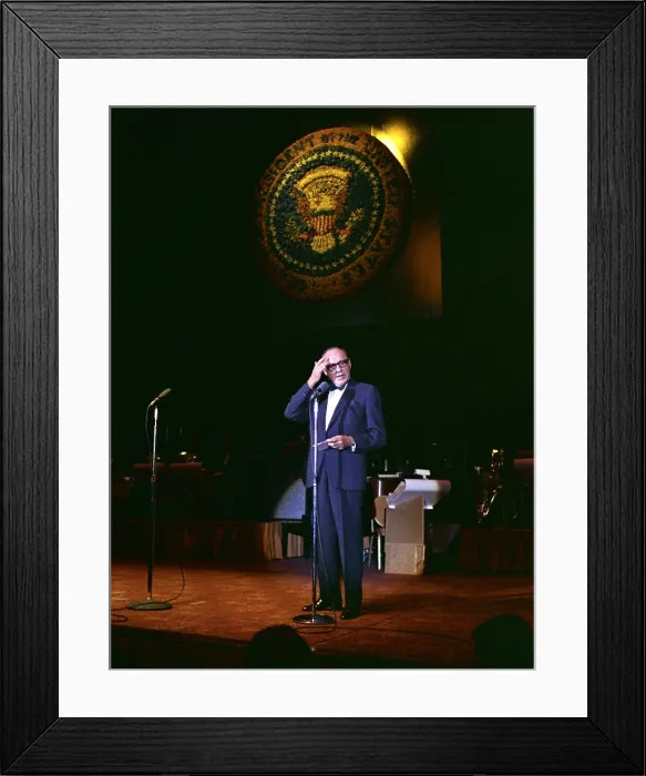 Framed Print : Jack Benny performs for a Democratic Party find raiser at the Century Plaza Hotel, Los Angeles, California. June 23, 1967