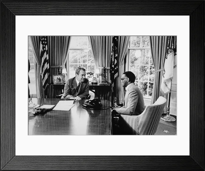 Framed Print : President Nixon meeting with Ray Charles in the oval office. Nixon congratulated Charles on his charity work against sickle cell anemia. Sept 1972