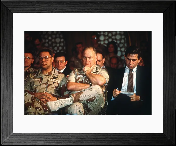 Framed Print : Under Secretary of Defense Paul Wolfowitz and Generals Colin Powell and Norman Schwarzkopf Jr. at a Press conference during the Operation Desert Storm in Feb. 1991 Framed Print : Under Secretary of Defense Paul Wolfowitz and Generals Colin Powell and Norman Schwarzkopf Jr. at a Press conference during the Operation Desert Storm in Feb. 1991