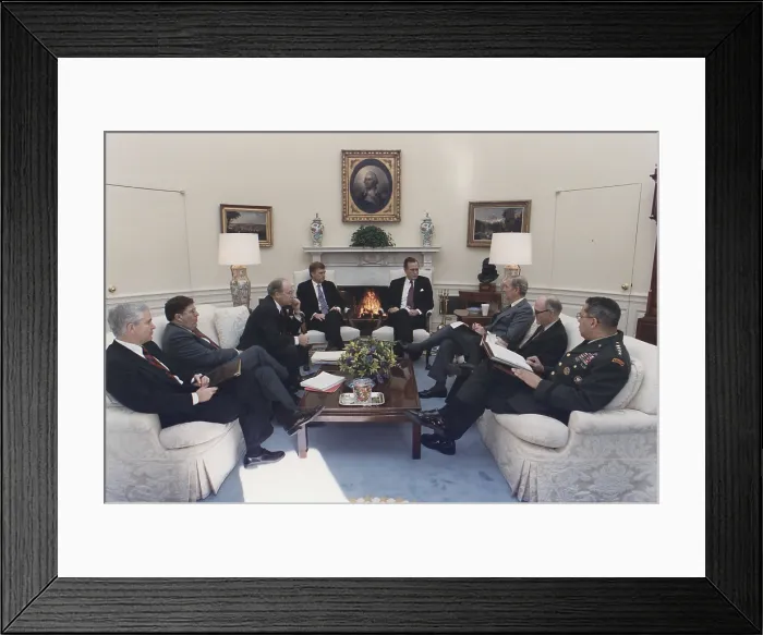 Framed Print : President George Bush meeting with key advisors on Jan. 15 1991 Framed Print : President George Bush meeting with key advisors on Jan. 15 1991