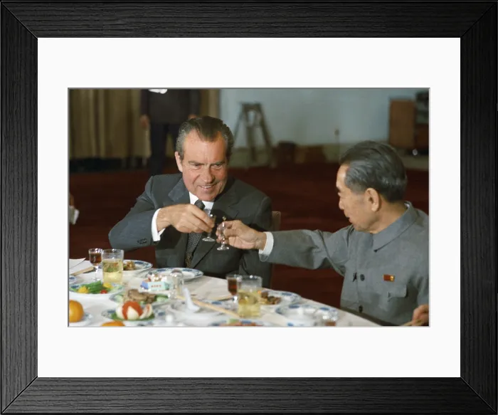 Framed Print : Nixon in China. President Richard Nixon and Chinese Premier Zhou Enlai toast at a Banquet. February 25 1972 Framed Print : Nixon in China. President Richard Nixon and Chinese Premier Zhou Enlai toast at a Banquet. February 25 1972