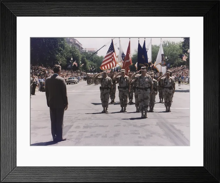 Framed Print : President Bush at a Desert Storm Homecoming Parade receives a salute from General Norman H. Schwarzkopf. Washington DC. Jul. 8 1991. (BSLOC_2011_3_87) Framed Print : President Bush at a Desert Storm Homecoming Parade receives a salute from General Norman H. Schwarzkopf. Washington DC. Jul. 8 1991. (BSLOC_2011_3_87)