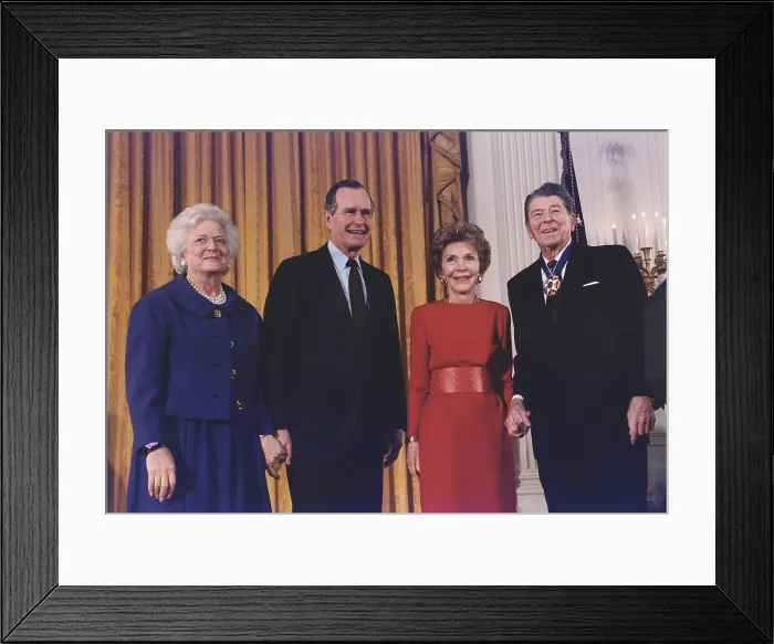 Framed Print : President George Bush presents the Medal of Freedom award to former President Ronald Reagan at a ceremony in the White House East Room. Jan. 1993. (BSLOC_2011_3_89) Framed Print : President George Bush presents the Medal of Freedom award to former President Ronald Reagan at a ceremony in the White House East Room. Jan. 1993. (BSLOC_2011_3_89)
