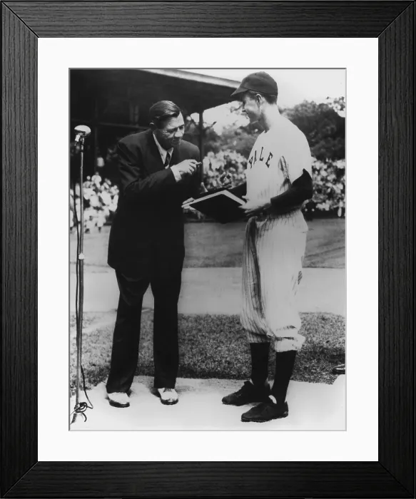 Framed Print : On behalf of Yale University Yale Baseball Captain George Bush accepts the manuscript of THE BABE RUTH STORY his autobiography from Babe Ruth. 1948 (BSLOC_2011_3_90) Framed Print : On behalf of Yale University Yale Baseball Captain George Bush accepts the manuscript of THE BABE RUTH STORY his autobiography from Babe Ruth. 1948 (BSLOC_2011_3_90)