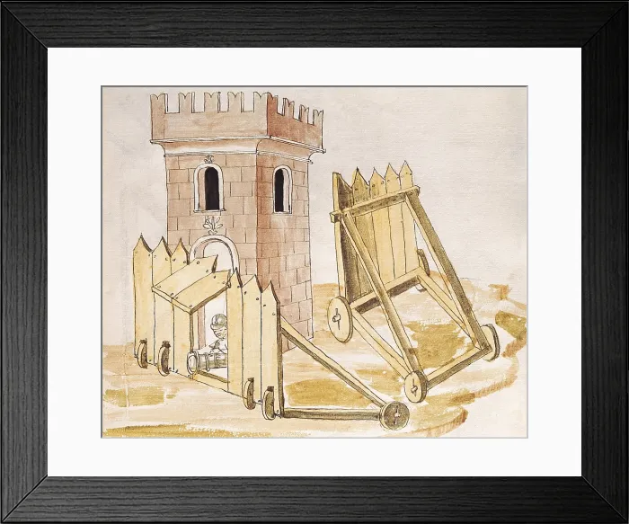 Framed Print : VALTURIO, Roberto (1405-1475). De re militari. 1446 - 1455. Military engineering treaty. Defense of a tower with mantlets and bombard. 1470 edition