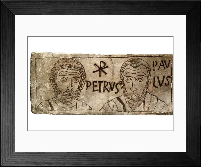 Framed Print : Drawing in a tombstone. 4th c. A.D, representing apostles Peter and Paul. Paleo-christian art. Engraving. ITALY. Rome. Lateran Museum