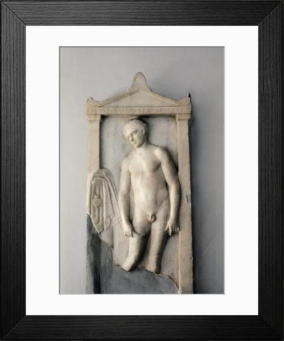 Framed Print : Athlete giving himself a massage with a strigil. 4th c. BC. Classical Greek art. Relief on marble. GREECE. Athens. Piraeus. Archaeological Museum of Piraeus