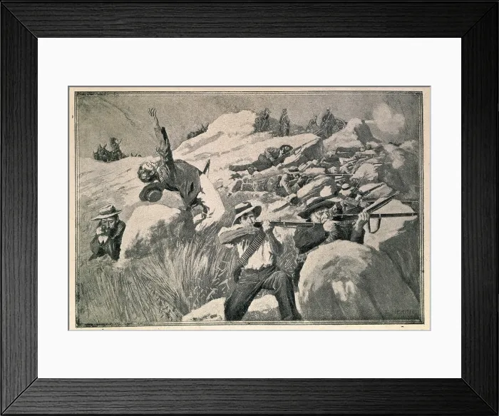 Framed Print : Boer guerrilla commando shooting against English infantry. Second Anglo-Boer War, 1899-1902. Illustration from 'Artistic Illustration'. Litography Framed Print : Boer guerrilla commando shooting against English infantry. Second Anglo-Boer War, 1899-1902. Illustration from 'Artistic Illustration'. Litography