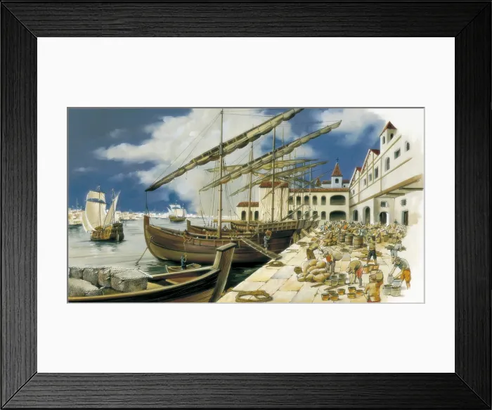 Framed Print : Spain, 16th - 17th c. Overseas Trade between Spain and the american colonies. Loading of goods at a harbor. - Iberfoto / Everett Collection (255952)**US SALES ONLY**