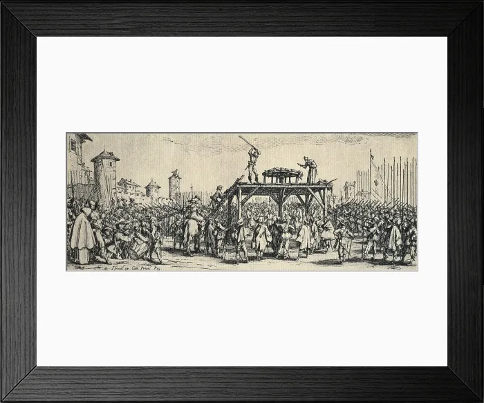 Framed Print : Death penalty. Tied to a cart wheel, the condemned man is being beaten while he confesses his sins. Table 14
