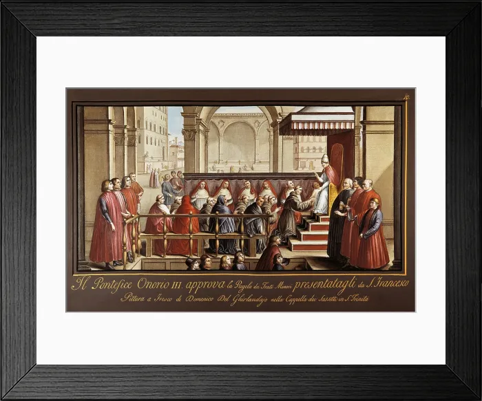 Framed Print : HONORIUS III (1150-1227). Pope from 1216 to 1227. The Approval of the Order. Work by GHIRLANDAIO, Domenico di Tommaso Bigordi, called (1449-1494). Renaissance art. Quattrocento