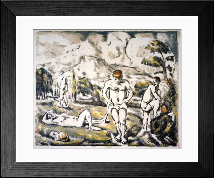 Framed Print : Lithographic by Paul Cezanne (1839-1906), French Post-Impressionist painter created on several paintings of nude bathers in a landscape setting. Ca. 1900